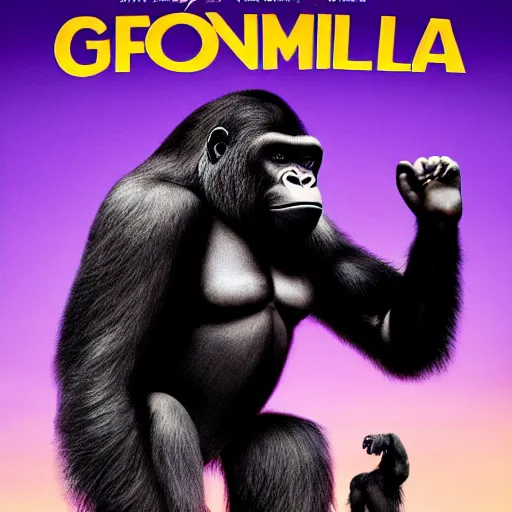 Image similar to a movie poster of a determined gorilla with upraised arms channeling energy into a large purple white ball of energy high in the air