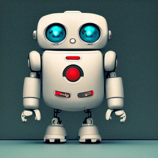 Image similar to two small chubby bots, hyperdetailed damaged surface, smooth scratched panelling, intricate detail, holding a battery, single eye, cute, intricate arms, antenna, floating, white studio, cute mechanical toy, gameboy advanced, ambient light, in the style of pixar animation poster, pokedstudios, blender, octane render, 8 k,