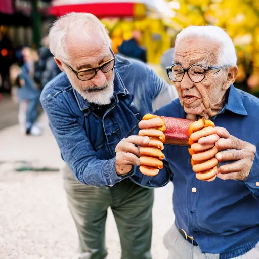 Image similar to elderly men fighting over a hotdog, 🌭, canon eos r 3, f / 1. 4, iso 2 0 0, 1 / 1 6 0 s, 8 k, raw, unedited, symmetrical balance, wide angle