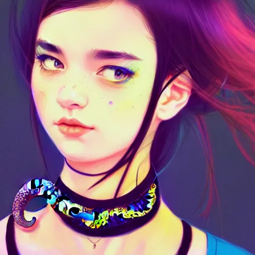 Prompt: longshot of a pretty girl wearing a black choker holding a snake, intricate, bright colors, sharp focus, illustration, highly detailed, concept art, matte, trending on artstation, anime, art by wlop and artgerm and greg rutkowski, ilya kuvshinov, strong strokes, h 6 4 0