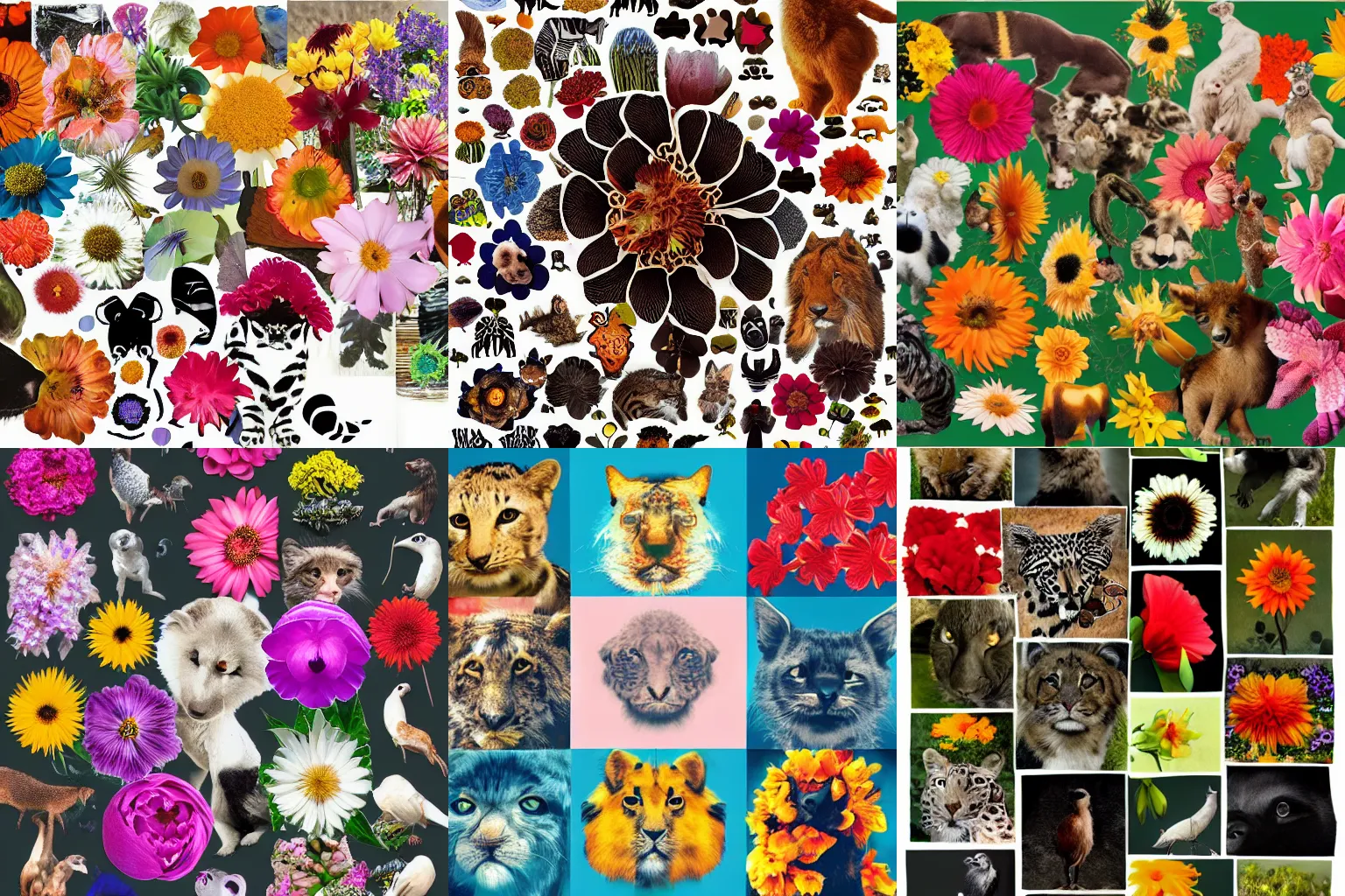 Prompt: collage made out of animal shapes forming the image of a flower