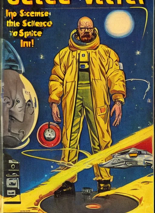 Prompt: Walter White as space wizard in retro science fiction cover by Kelly Freas (1965)