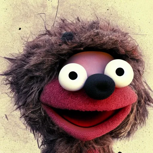 Image similar to a still of a forgotten muppet character looking very manly and modern, hilarious, laughing, hairy chest, huge chin, manly monster tough guy, roughled fur, photo real, photographic, photograph, artstation, trending, featured