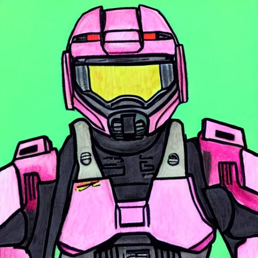 Image similar to master chief drawn with markers, pink background