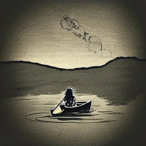 Image similar to “ a girl holding a beer, in a canoe on a river, mountains in fog, manga drawing, by paul pope ”