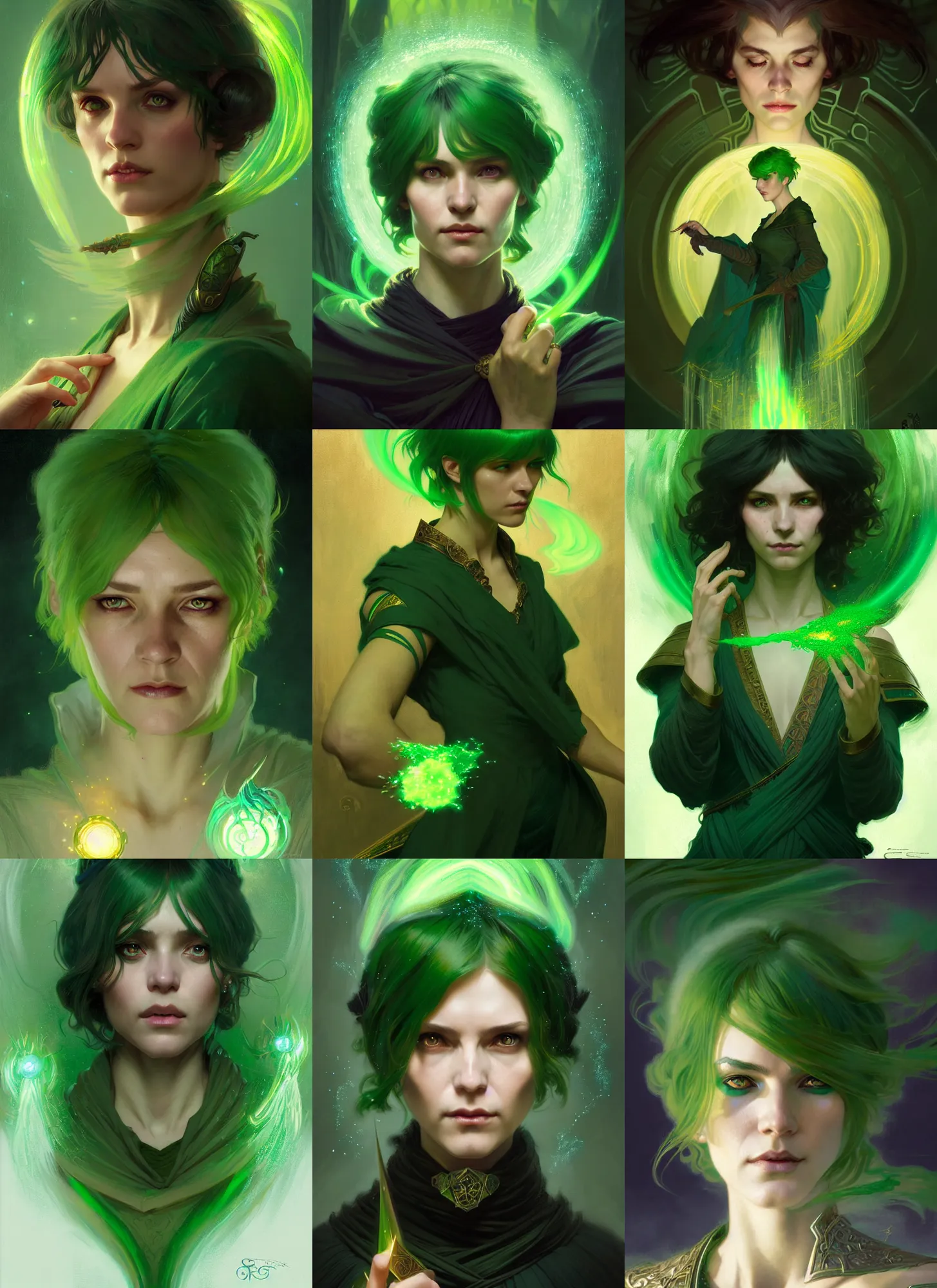 Prompt: Portrait of female sorcerer, D&D fantasy, short green hair with bangs, magic particles in the air, stern expression, intricate, highly detailed, digital painting, artstation, concept art, sharp focus, illustration, art by greg rutkowski and alphonse mucha