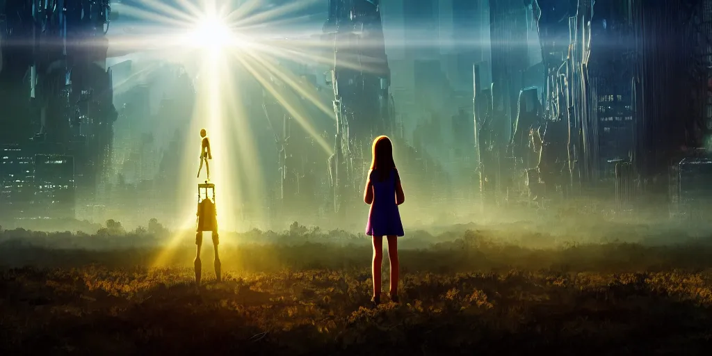 Prompt: sci - fi scene future new york cityscape, orphaned girl in manhattan holding the outstretched hand of an iron giant robot, forest punk, crepuscular rays, epic scene, hyper realistic, photo realistic, overgrowth, cinematic atmosphere, ethereal lighting,