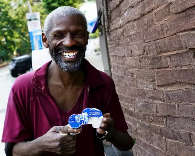 Image similar to a handsome homeless man with a colgate smile is in joy after winning the lottery.