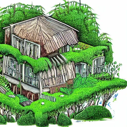 Prompt: A cartoon illustration of an overgrown house in a lush forest, detailed, depth