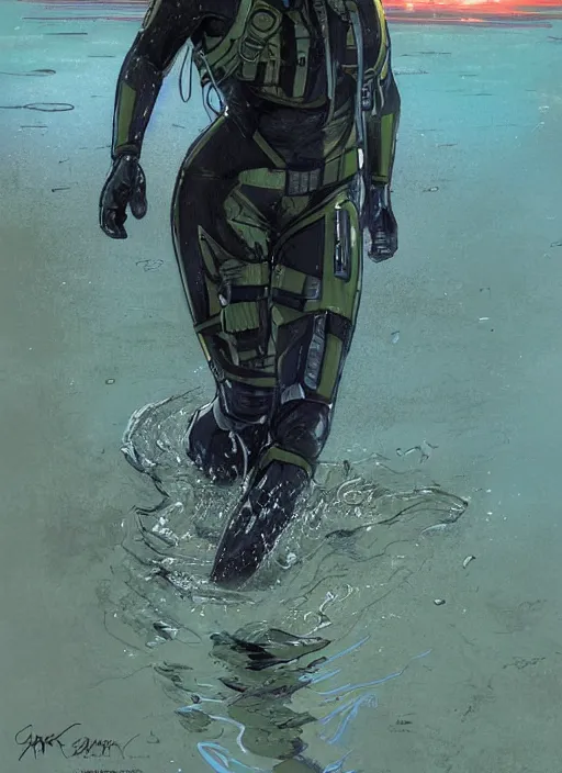 Image similar to Andrea. USN blackops operator emerging from water at the shoreline. Operator wearing Futuristic wetsuit and looking at an abandoned shipyard. Frogtrooper. rb6s, MGS, and splinter cell Concept art by James Gurney, Alphonso Mucha. Vivid color scheme.