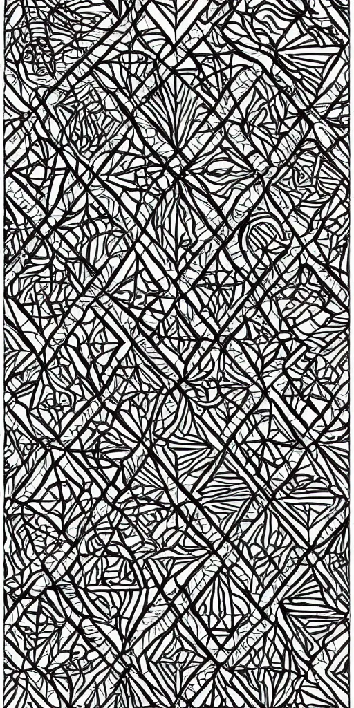 Prompt: highly detailed beautiful black and white geometric pattern, by escher, straight lines, hexagon, pentagon, triangle, sacred geometry, sharp angles, symmetry, sharp focus, high contrast, harmony, technical draw