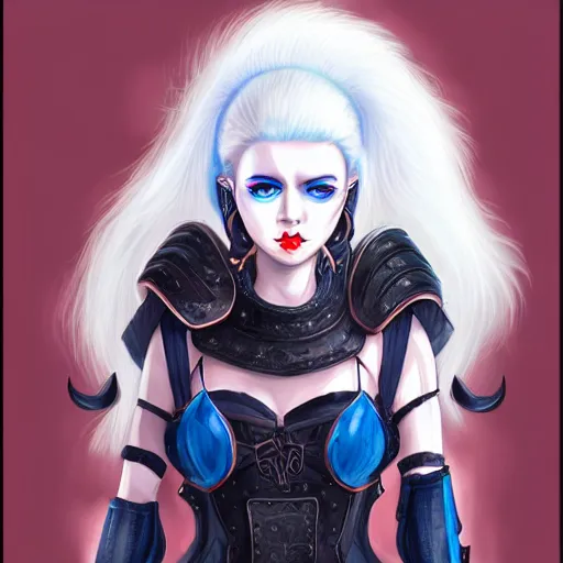 Prompt: illustrated realistic portrait female ram-horned kobold blue hair with black evil devil eyes wearing strap leather armor by rossdraws