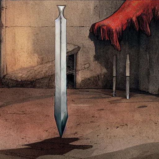 Image similar to an evil sword on the ground. ( concept art by enki bilal, museum picture, 4 k, backlit )