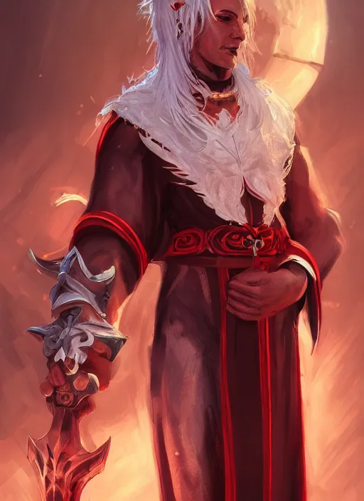 Prompt: a highly detailed illustration of white haired african priest, wearing cross on robe, wielding red blades made of blood, evil standing smiling pose, gothic church background, muscular, intricate, elegant, highly detailed, centered, digital painting, artstation, concept art, smooth, sharp focus, league of legends concept art, WLOP