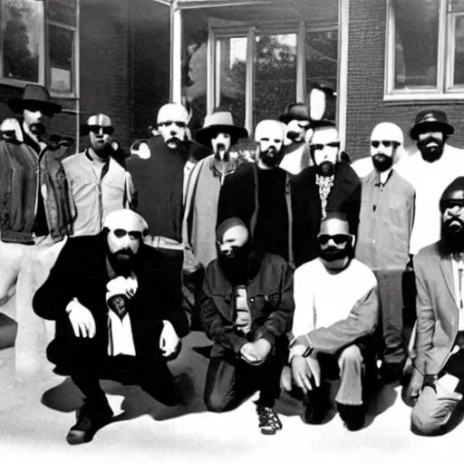 Image similar to heisenberg posing with the wu - tang clan, realistic