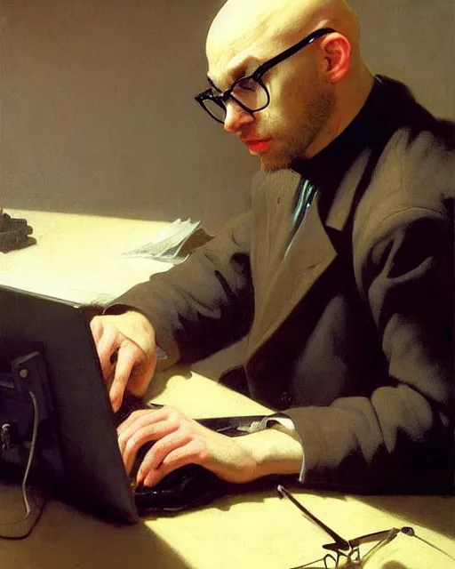 Prompt: a bald round - faced hairless male hacker with glasses at the computer. fantasy art by greg rutkowski, gustave courbet, rosa bonheur, edward hopper. faithfully depicted facial expression, perfect anatomy, sharp focus, global illumination, radiant light, detailed and intricate environment, trending on artstation