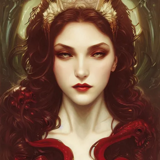 Prompt: portrait of a sexy female vampire facing cthulhu, intricate, elegant, highly detailed, digital painting, artstation, concept art, smooth, sharp focus, illustration, art by artgerm and greg rutkowski and alphonse mucha and william - adolphe bouguereau