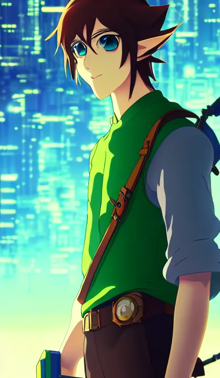 Image similar to anime fine details portrait of Link in front of cyberpunk moder city landscape on the background deep bokeh, close-up view, anime masterpiece by Studio Ghibli. 8k, sharp high quality anime, artstation