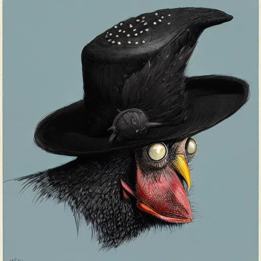 Prompt: ( ( ( head and shoulders portrait of a kenku crow person wearing a porkpie hat ) ) ), d & d, fantasy, dave mckean, peter mohrbacher