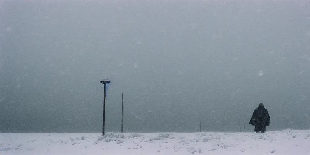 Image similar to photo of shiprock, new mexico during a snowstorm. a old man in a trench coat and a cane appears in the midground. cold color temperature. blue hour morning light, snow storm. hazy atmosphere. humidity haze. kodak ektachrome, greenish expired film, award winning, low contrast.