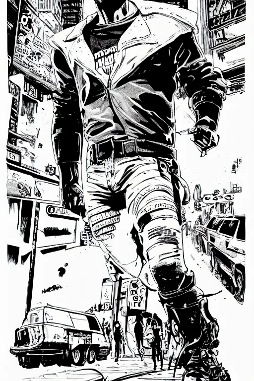 Prompt: david guretta, doing a heroic pose, a page from cyberpunk 2 0 2 0, style of paolo parente, style of mike jackson, adam smasher, johnny silverhand, 1 9 9 0 s comic book style, white background, ink drawing, black and white