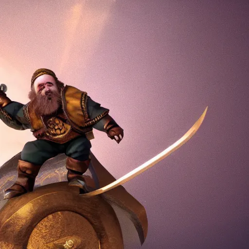 Image similar to dwarven smith riding on top of a sword like a broomstick, soaring, quidditch, 8 k, cinematic, octane render, energetic