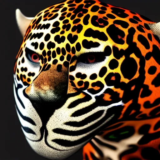 Image similar to a perfect centered mask of a shaman turning into a jaguar, 8 k,