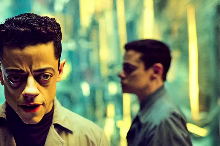 Image similar to film still of rami malek in cosmic horror! the musical by david cronenberg, budapest street background, 3 5 mm film, atmospheric, ultra fine detail, film grain, photorealistic