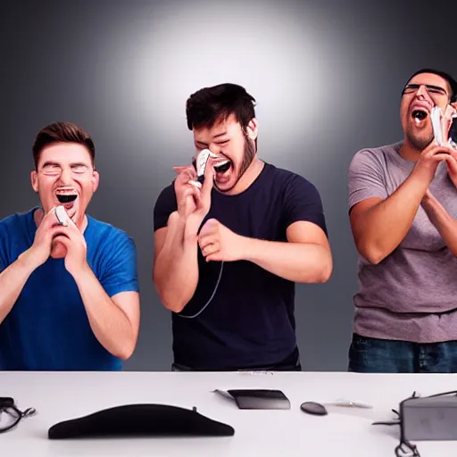 Prompt: several guys typing on keyboard while laughing very hard, mouth wide open, very long tongues out, studio light, photorealsitic