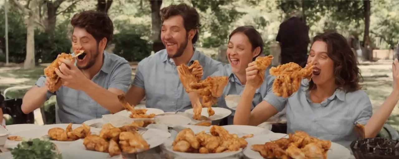 Prompt: a cinematic shot in daylight exterior wide shot of a couple of friends happy and smiling while eating church's chicken in dynamic poses, commercial ad, directed by autumn durald, complementary color scheme clothe, roger deakins lighting, shot in imax 7 0 mm, three point perspective 4 0 mm anamorphic lens