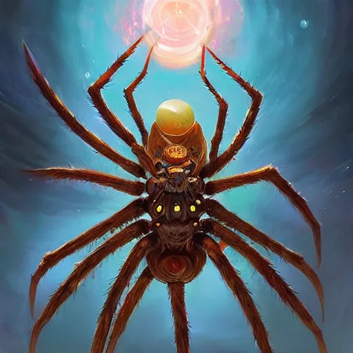 Image similar to portrait of a giant cosmic spider deity by peter mohrbacher and james gilleard