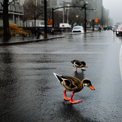 Prompt: ducks crossing the street on a rainy day, dslr photo, f3.5