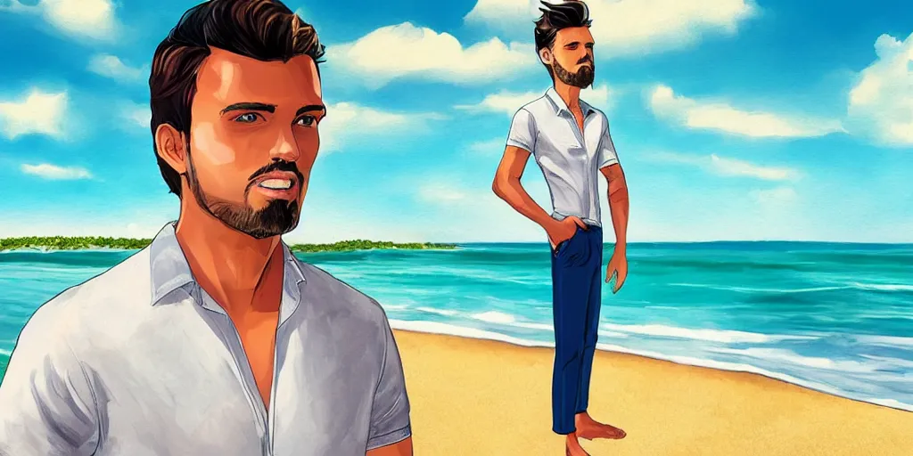 Image similar to a handsome guy is standing tall, in a beautiful shirt, with the beach, sea, sun, rays in the background? super detail, one character