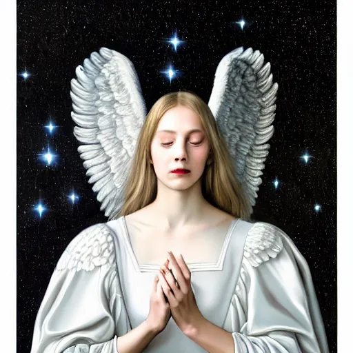 Image similar to highdetailed hyperrealistic painting of white angel!!! no gender smiling noface!!!, light instead of hands, white sparkles everywhere, 4 k hd face!!!, big silver high detailed wings!!!, renaissance, by jan van eyck, holography space, glow effect, large strokes, monochrome!!!!!, digital painting, cinematic, textures