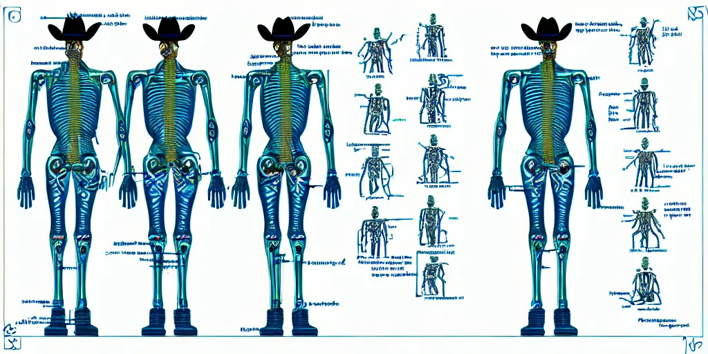 Prompt: technical diagram blueprint of anthropomorphic anatomical sip technician, cyborg cowboy technical diagram, anthropomorphic nootropic commission system, humanoid cowboy snake man machine blueprint, performance enhanced salesman anatomy, snake oil sip tech technical blueprint plan with subtle purple green iridescent sheen