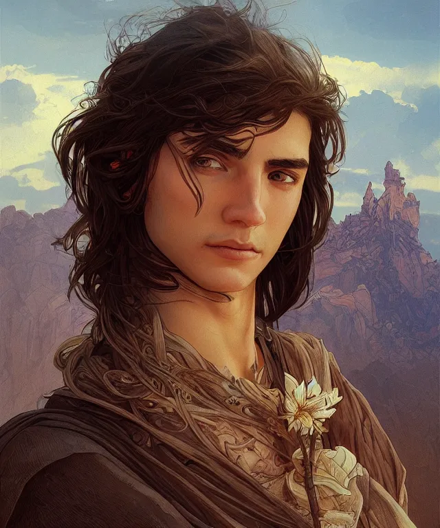 Prompt: An adventurer in the desert with the power of foresight, handsome young face, medium straight hair, fantasy, intricate, elegant, highly detailed, digital painting, artstation, concept art, smooth, sharp focus, illustration, art by artgerm and greg rutkowski and alphonse mucha