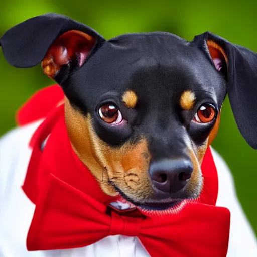 Image similar to pinscher wearing a black tuxedo and a red tie