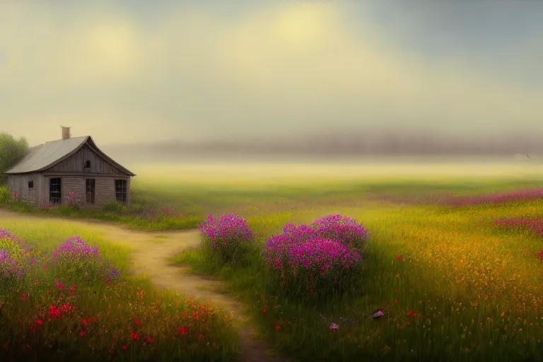 Prompt: a matte painting of a manitoba prairie, cottages, foggy, patchy flowers, oil painting, pale colors, high detail, 8 k, wide angle, trending on artstation,