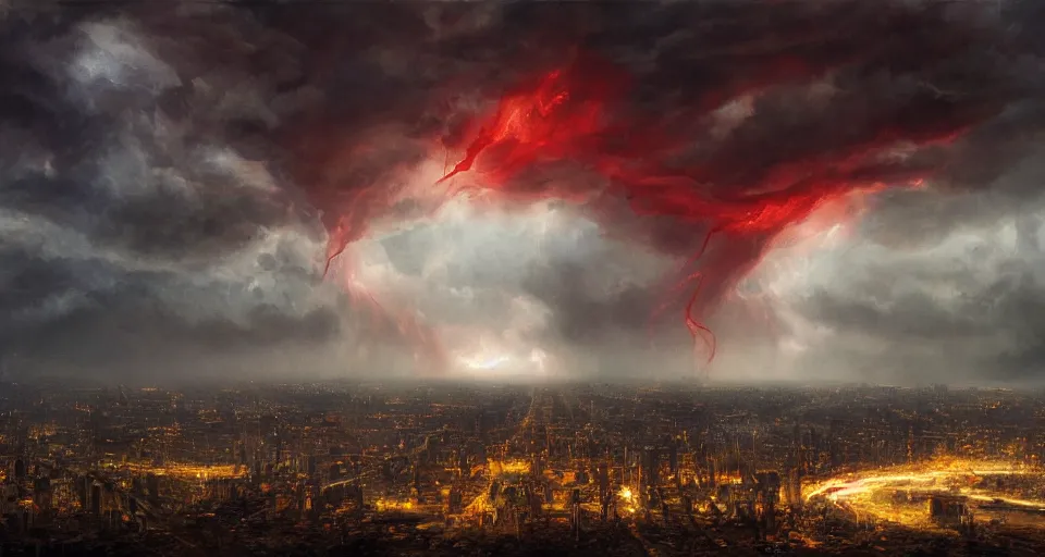 Image similar to eldritch, flying!!! city, windy, by eugene von guerard, ivan shishkin, night, red lightning, storm, dramatic lighting, concept art, trending on artstation, 8 k