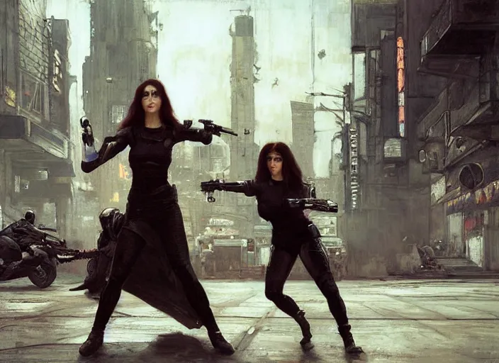 Image similar to sophia evades sgt Jonah. Cyberpunk hitwoman escaping Cyberpunk police troopers in street clothes (police state, Cyberpunk 2077, blade runner 2049, rainy city). Iranian orientalist portrait by john william waterhouse and Edwin Longsden Long and Theodore Ralli and Nasreddine Dinet, oil on canvas. Cinematic, hyper realistic, Dramatic lighting.