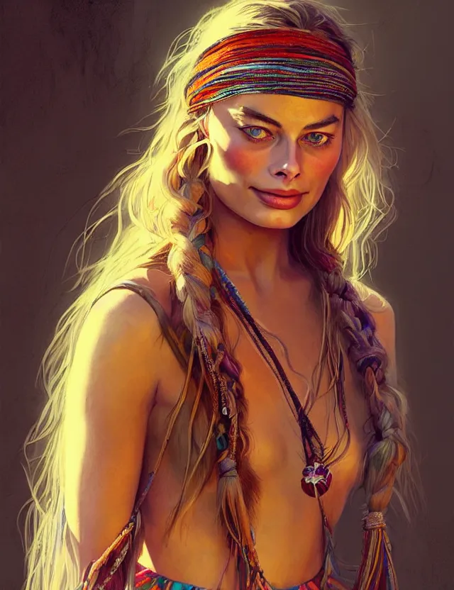 Prompt: portrait of a young margot robbie wearing boho clothing, hippie, long hair, groovy hairband, bangs, intricate, smooth, groovy lighting, highly detailed, digital painting, artstation, concept art, smooth, sharp focus, illustration, art by wlop, mars ravelo and greg rutkowski