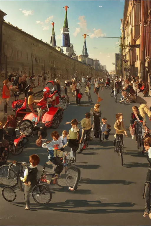 Prompt: schoolchildren go for distillation on flying bicycles, driving at the red light of the traffic light, through the streets of moscow of the future, highly detailed, artstation, illustration, jurgens, rutkowski, bouguereau, canon eos r 3