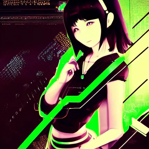 Image similar to Frequency indie album cover, luxury advertisement, green filter, green and black colors. highly detailed post-cyberpunk sci-fi close-up schoolgirl in asian city in style of cytus and deemo, mysterious vibes, by Ilya Kuvshinov, by Greg Tocchini, nier:automata, set in half-life 2, beautiful with eerie vibes, very inspirational, very stylish, with gradients, surrealistic, dystopia, postapocalyptic vibes, depth of field, mist, rich cinematic atmosphere, perfect digital art, mystical journey in strange world, beautiful dramatic dark moody tones and studio lighting, shadows, bastion game, arthouse