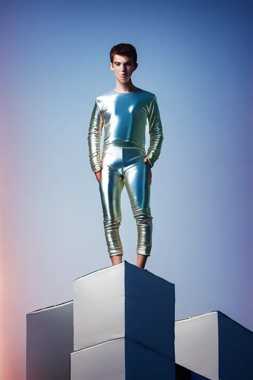 Image similar to un ultra high definition studio quality photographic art portrait of a young man standing on the rooftop of a british apartment building wearing soft baggy inflatable padded silver iridescent pearlescent clothing. three point light. extremely detailed. golden ratio, ray tracing, volumetric light, shallow depth of field. set dressed.