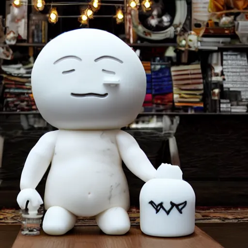 Prompt: a white marble statue of the reddit snoo mascot in a darkened room surrounded by lit candles