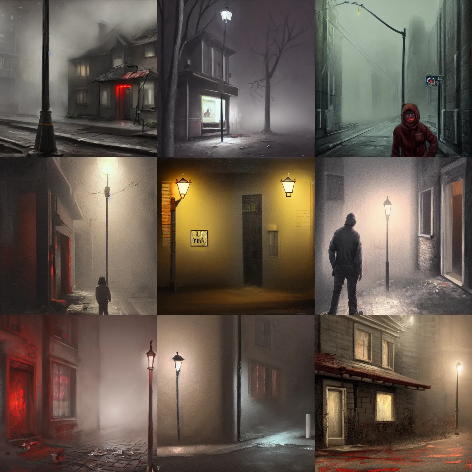 Prompt: serial killer hidden behind a street corner, creepy, horror, foggy, 2 point lights, oleo painting, highly detailed, 8 k, photorealistic, art concept, artstation, sharp focus