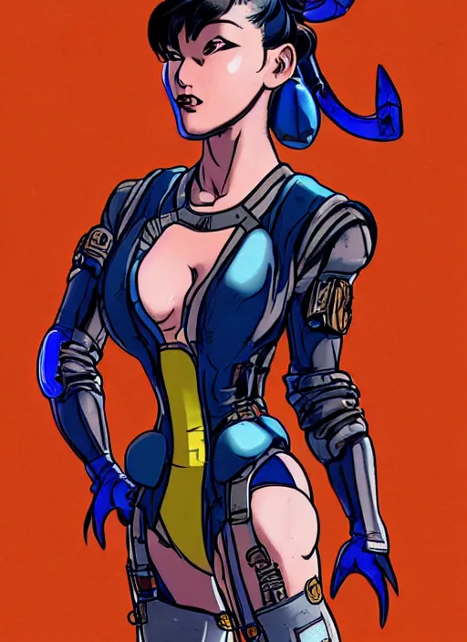 Image similar to chun li. cyberpunk mercenary in tactical harness and jumpsuit. spin kick. portrait by stonehouse and mœbius and will eisner and gil elvgren and pixar. realistic proportions. dystopian. cyberpunk 2 0 7 7, apex, blade runner 2 0 4 9 concept art. cel shading. attractive face. thick lines.