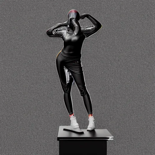 Prompt: hyperdetailed masterpiece glossy black marble statue of a woman covered in colorful motocross branding, in the style of virgil abloh, offwhite, acronym, denoise, vogue, brooklyn museum, highly detailed, realistic, hyperreal, 8 k, 4 k, render, ue 5, 0 3 2 c