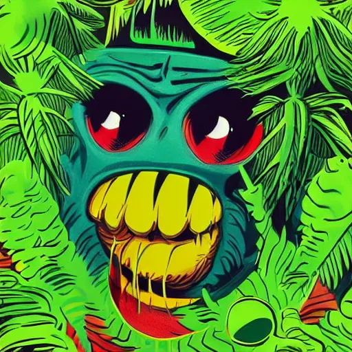 Image similar to a tennis ball monster ,tennis ball, tennis racket, jungle monster, jungle vines, colorful, digital art, fantasy, magic, trending on artstation, ultra detailed, professional illustration by Basil Gogos