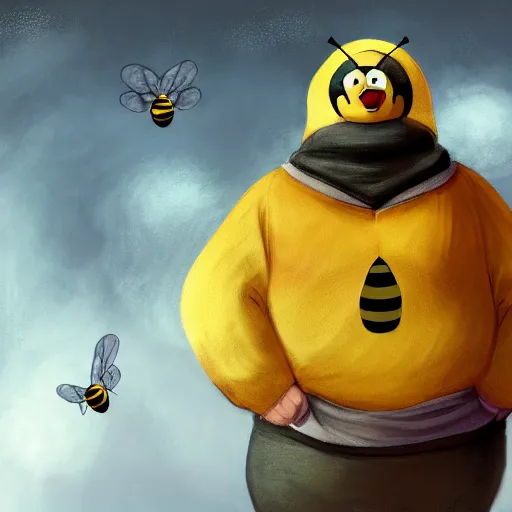 Prompt: bald overweight man wearing a bee costume and softly crying, detailed fanart, rpg art, d&d art, macro art, digital art, DeviantArt, artstation, 8k HD